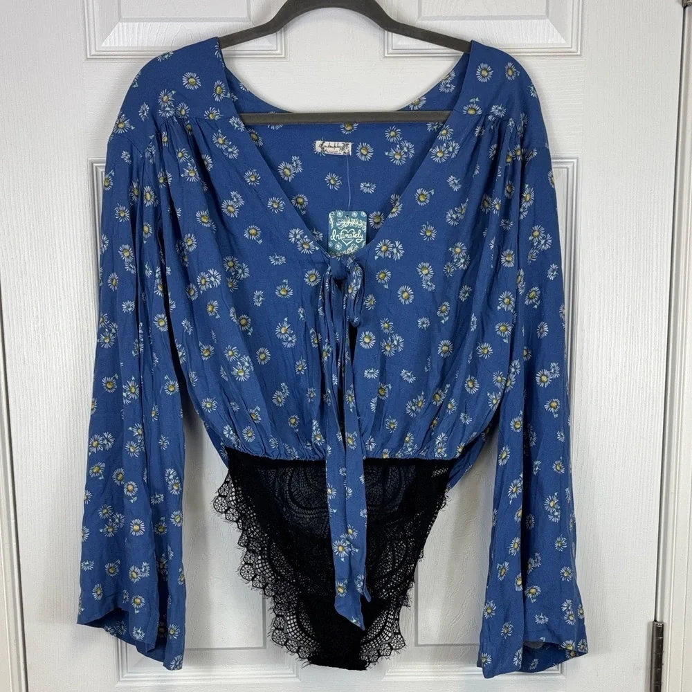 NWT Free People Intimates Forties feel blue daisy bodysuit sz xs